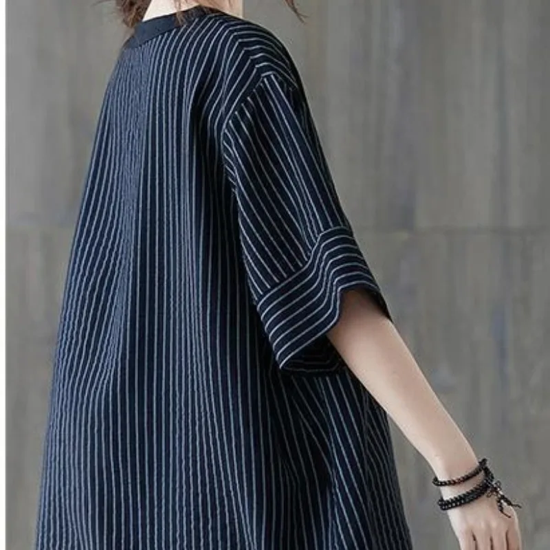 Summer Women's 2024 New Patchwork V-neck Button Striped Fashion Minimalist Commute Loose Casual Versatile Short Sleeved Shirts