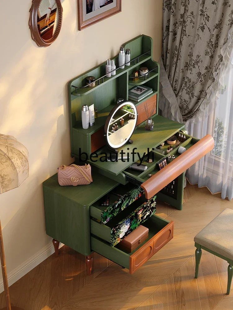 

Bedroom French medieval solid wood cabinet integrated telescopic dresser mirror with lamp makeup mirror
