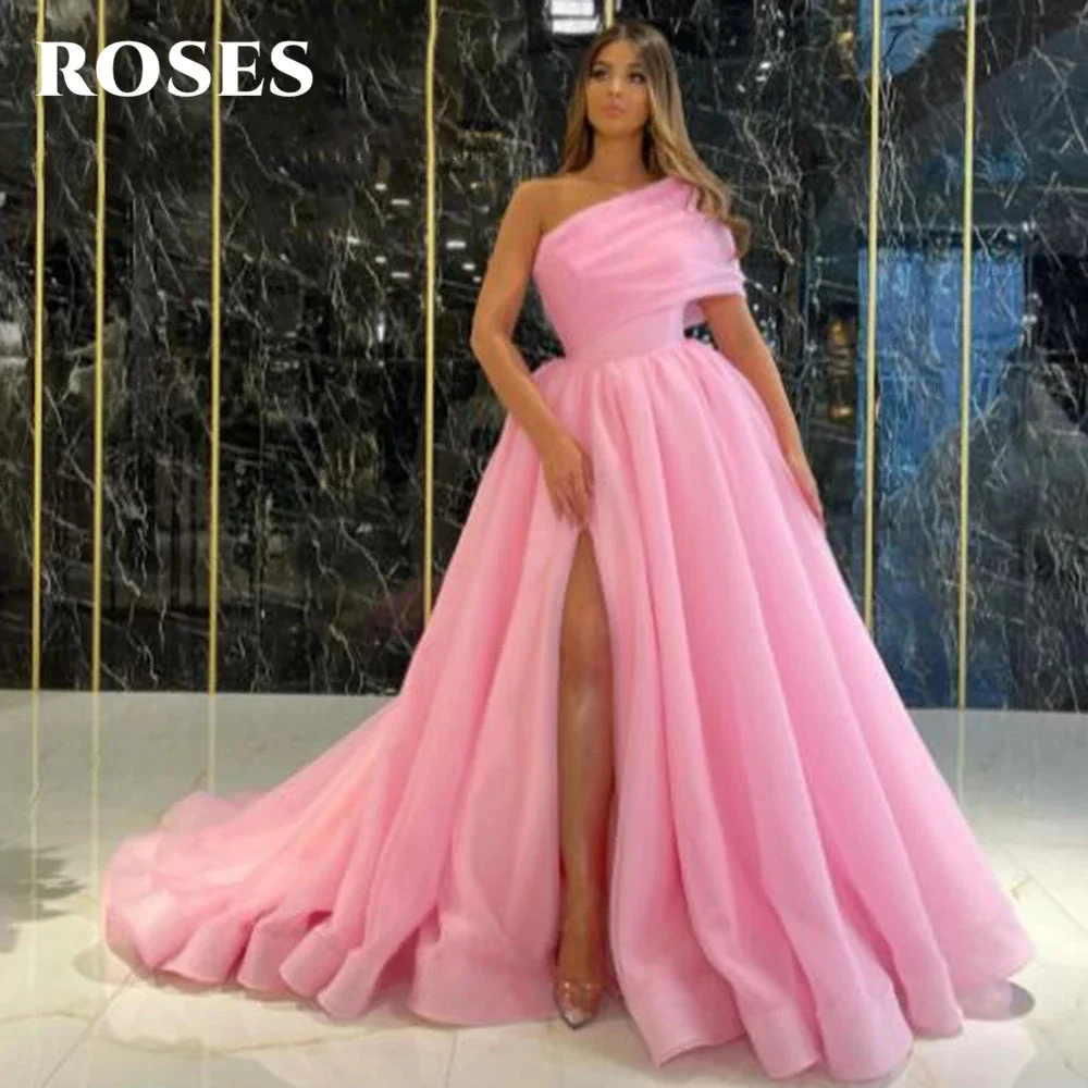 ROSES High Split Prom Dress Tulle فساتين ال Evening Party Dress Court Train Prom Gown One Shoulder Formal Dress Vestido De Festa