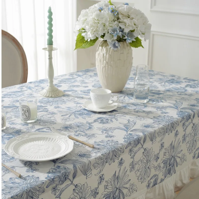 Rectangular Ruffles Embroidery Tablecloth Cotton Blue and White Waterproof Table Covers Resistant Suitable for Party Weddings