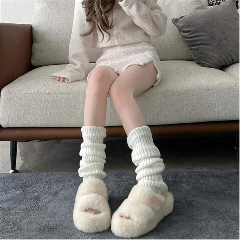 

Winter Japanese College Style Retro Button Leg Warmer Women's Knitted Sock Cover white Long Pile Socks