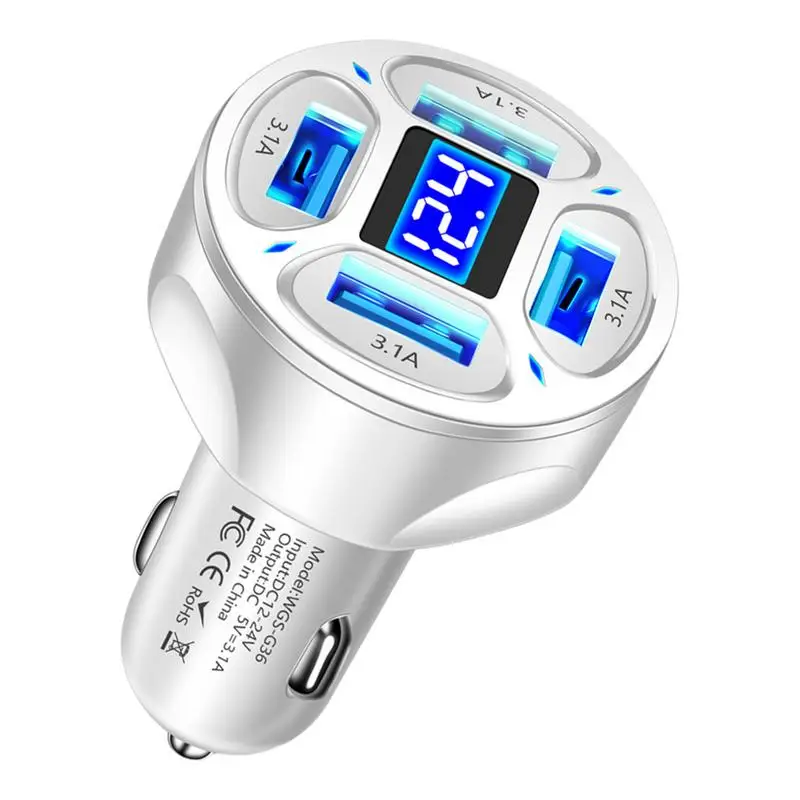 Car Fast Charger Socket 4 In 1 With LED Digital Display Car USB Charger Socket 4 USB Ports 3.1A Car Lighter Charger For SUVs RVs