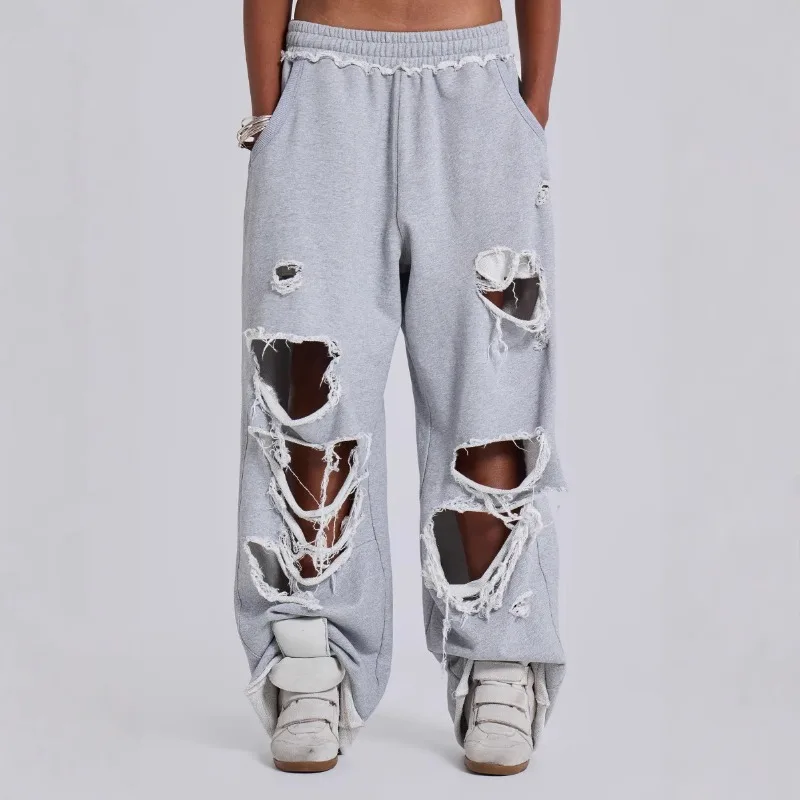 ZEMOREXMZ Vrouwen Baggy Joggingbroek Casual Y2K Hip Hop Grunge Wijde Pijpen Gat Losse Gescheurde broek Oversized Streetwear Broek