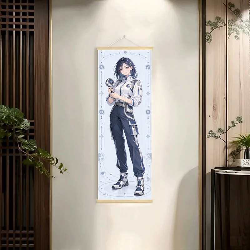 Anime Women in Cream, Pink, Navy and Mint Outfits Hanging Scroll with Soft Floral Illustration for a Cozy Reading Nook