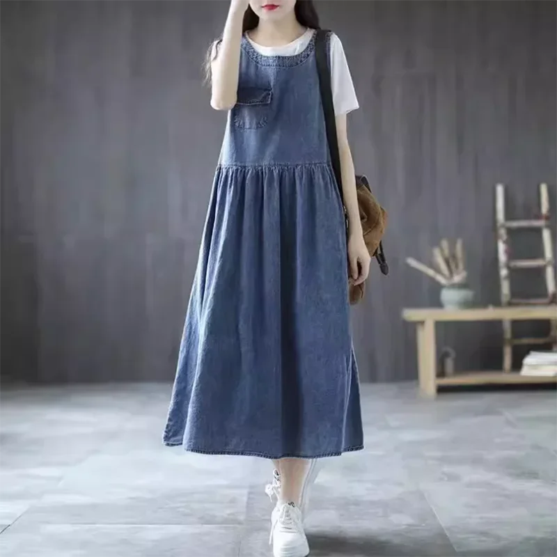 

Women's Summer Sleeveless Deep V-Neck Jeans Strap Dress Loose Fit with Pockets Y2K Style Long Dress Casual Cowboy Vest Female Fa