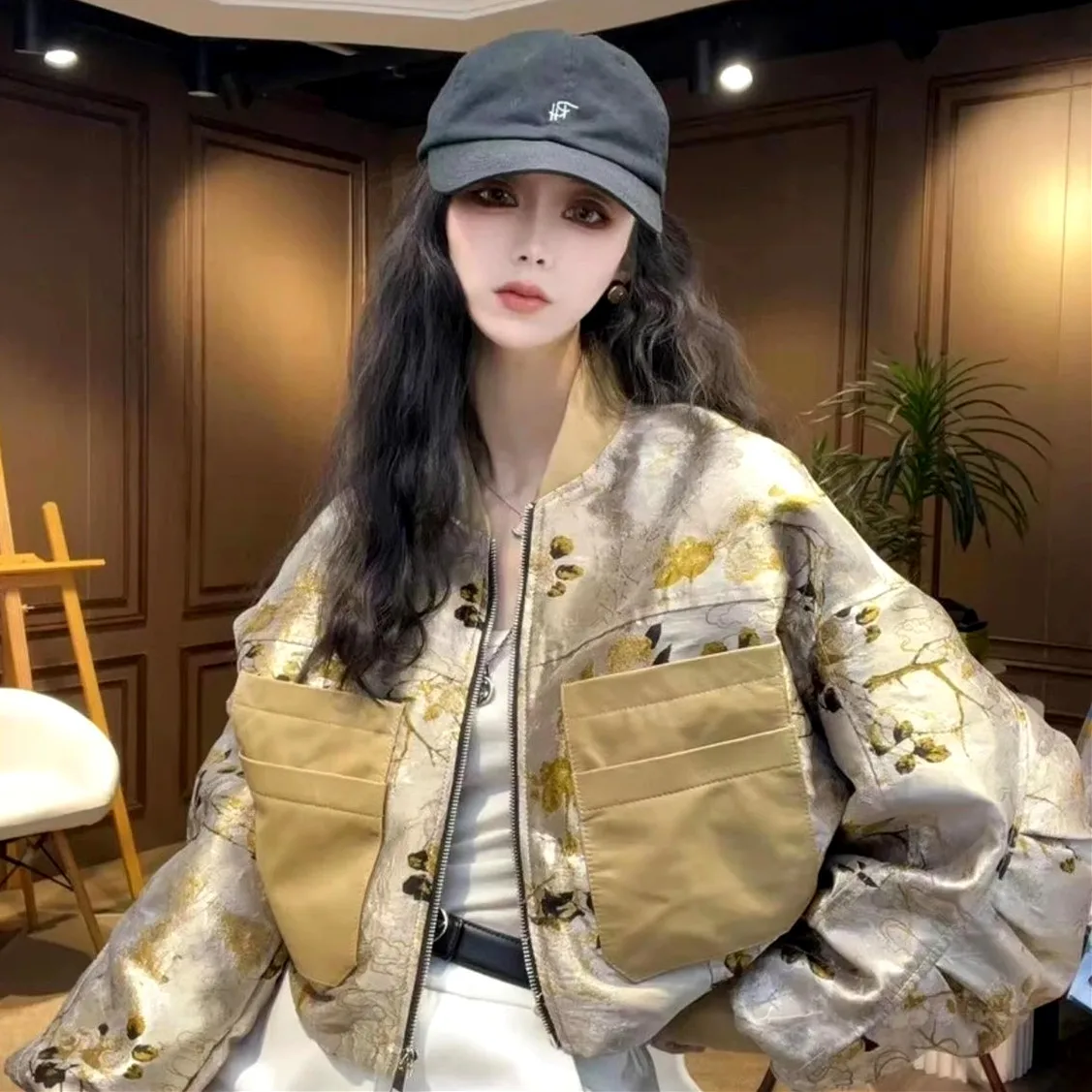 

New Women Casual Coat Retro Flowers Print Coats Woman Baseball Short Big PU Pockets Batwing Sleeve Fashion Outwears Tops NZ209