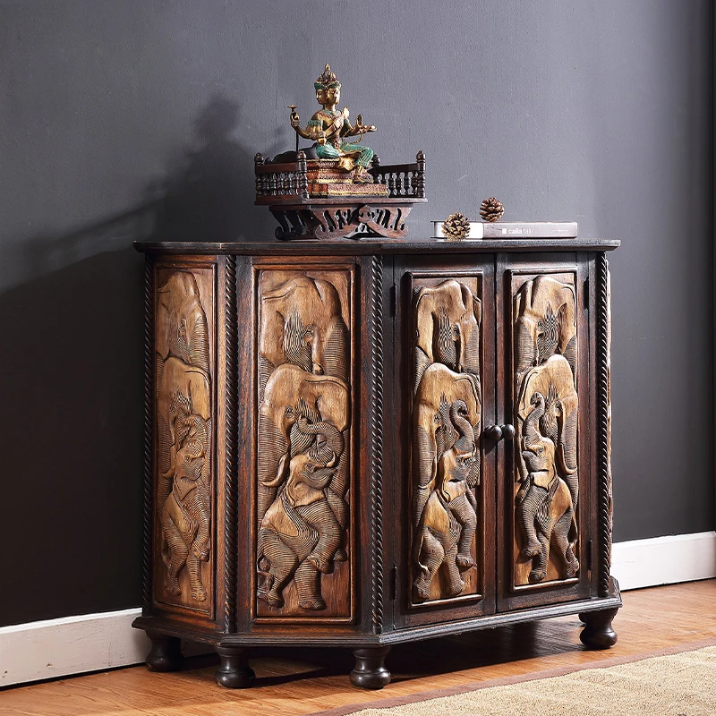 

Elephant relief teak cabinet Entrance cabinet South East Asia style Solid wood furniture Decorative storage cabinet