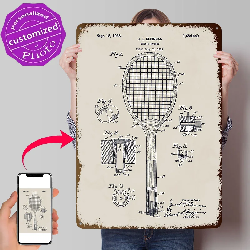 Tennis Racket Patent Poster Retro 3D Printed Metal Signs Customized Wall Hanging Gift for Room Decorations Man Coffee Bar Art