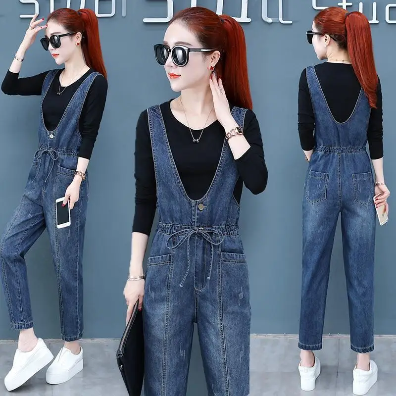 2024 Autumn  New Women's Pants Rompers Fashion Vintage Casual Temperament Sleeveless Straight Leg Denim Jumpsuit Female