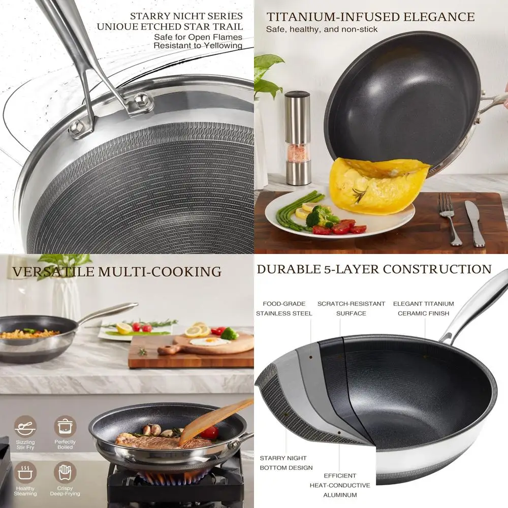 

12-титановая керамическая сковорода-вок с антипригарным покрытием и крышкой, сковорода для жарки из нержавеющей стали, без PFAS/PFOA/PTFE, можно мыть в посудомоечной машине и в духовке, подходит
