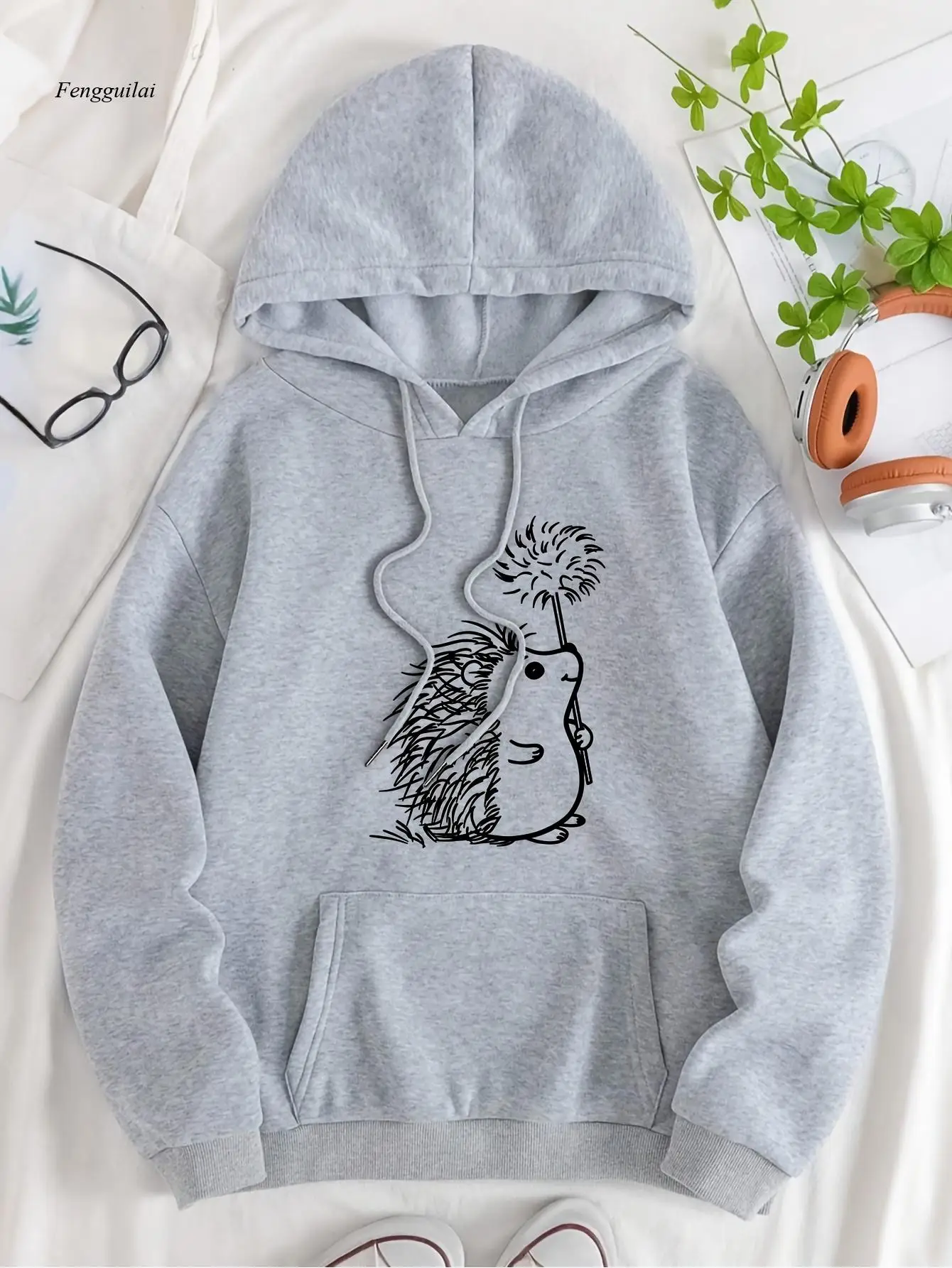 هوديي كاجوال من البوليستر مع طباعة قنفذ لطيفة - سويت شيرت بقلنسوة بأكمام طويلة مع جيوب، نمط حيوانات كرتونية #2