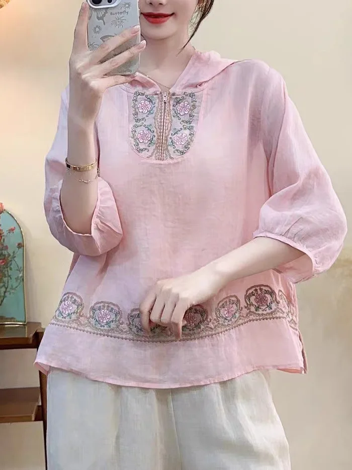 Sommer Neue Hut Gesticktes Flachs Lässige Leichte Chinesische Sle irt Damen Top Match Alle Gerade Röhre ort Sve Mit Kapuze