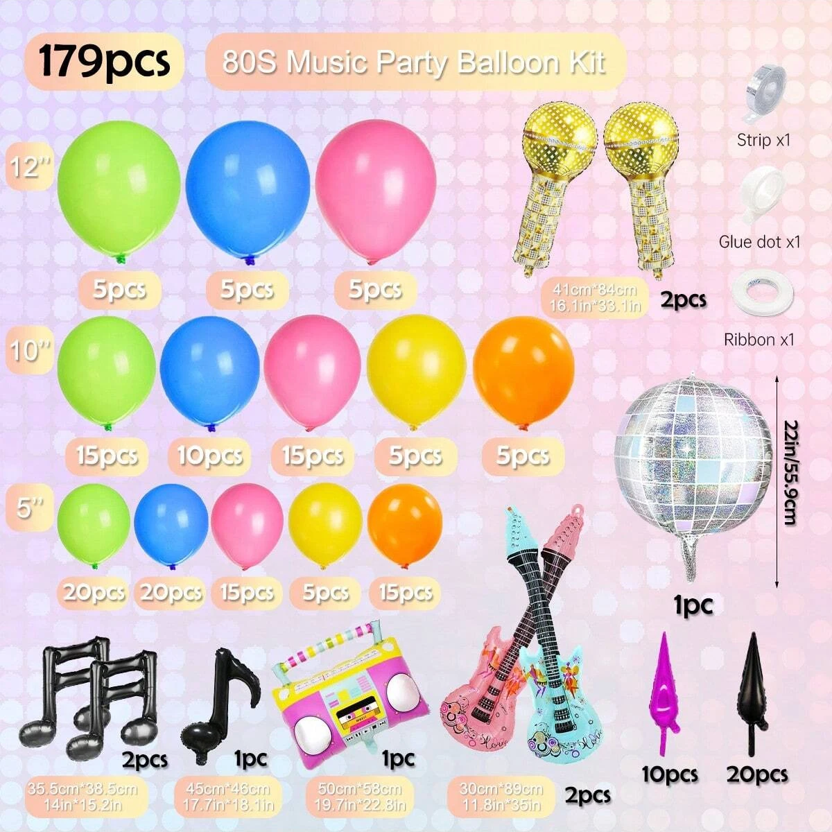 179pcs 80s music themed balloon garland arch kit, guitar disco ball musical note microphone balloons, 90s disco birthday party