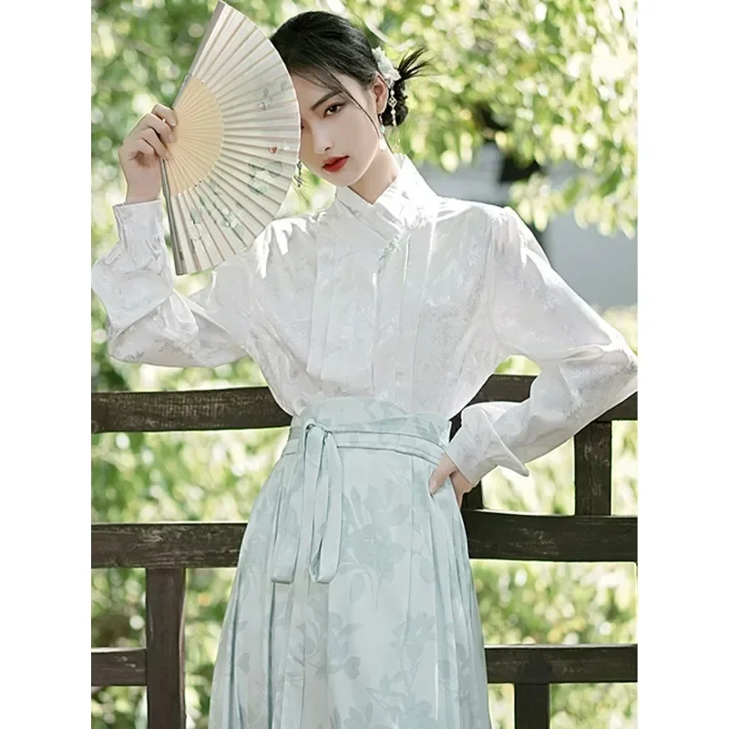 

Spring Autumn Elegant White Jacquard Long Sleeved Hanfu Top Green Skirt Female National Style Stage Performance Dance Clothes