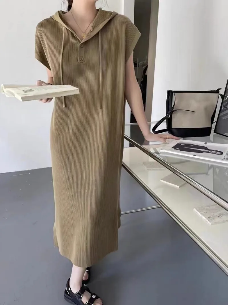 New Korean Fashion Casual Loose Dress Women Summer Knitted Ice Silk Hooded Long Dresses Split Pullvoer Vestidos Robe Oversized