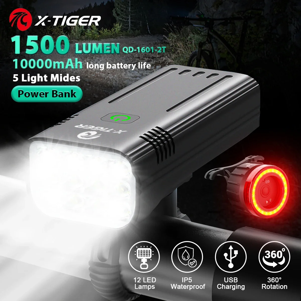 X-Tiger Bike Light Set 12 Beads 10000mAh Cycling Headlight Rechargeable Bicycle Light Flashlight Bike Headlamps