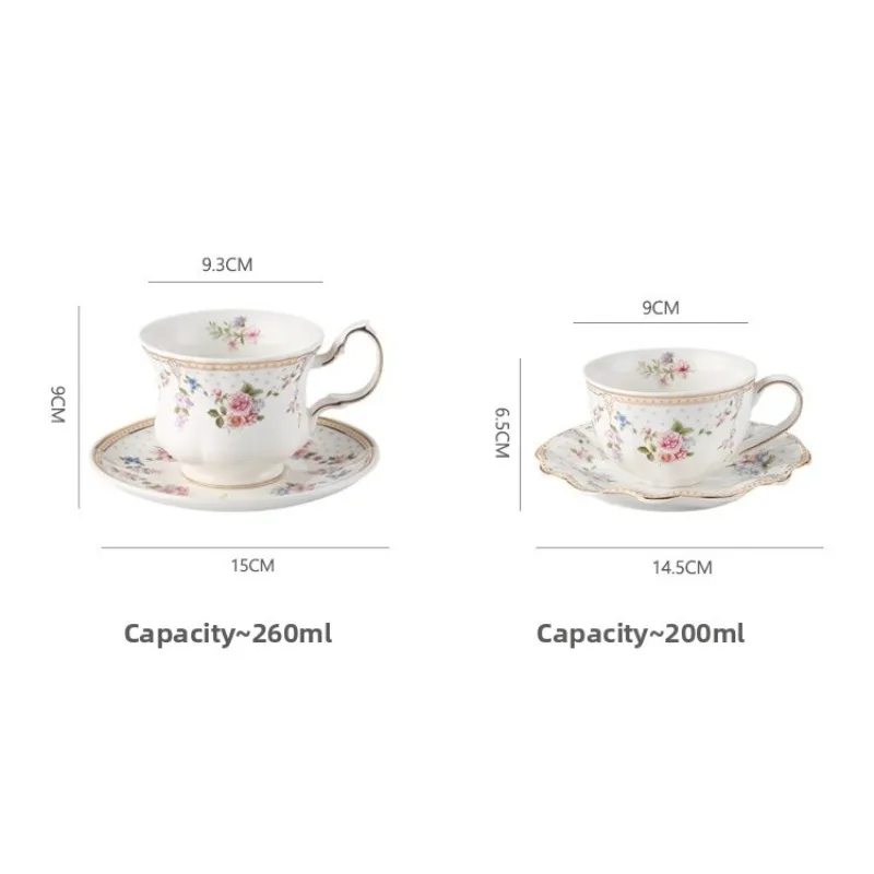 طقم فنجان شاي وصحون من البورسلين المزين بالزهور، كوب قهوة صيني على الطراز العتيق مع حواف ذهبية، طقم شاي بعد الظهر أنيق