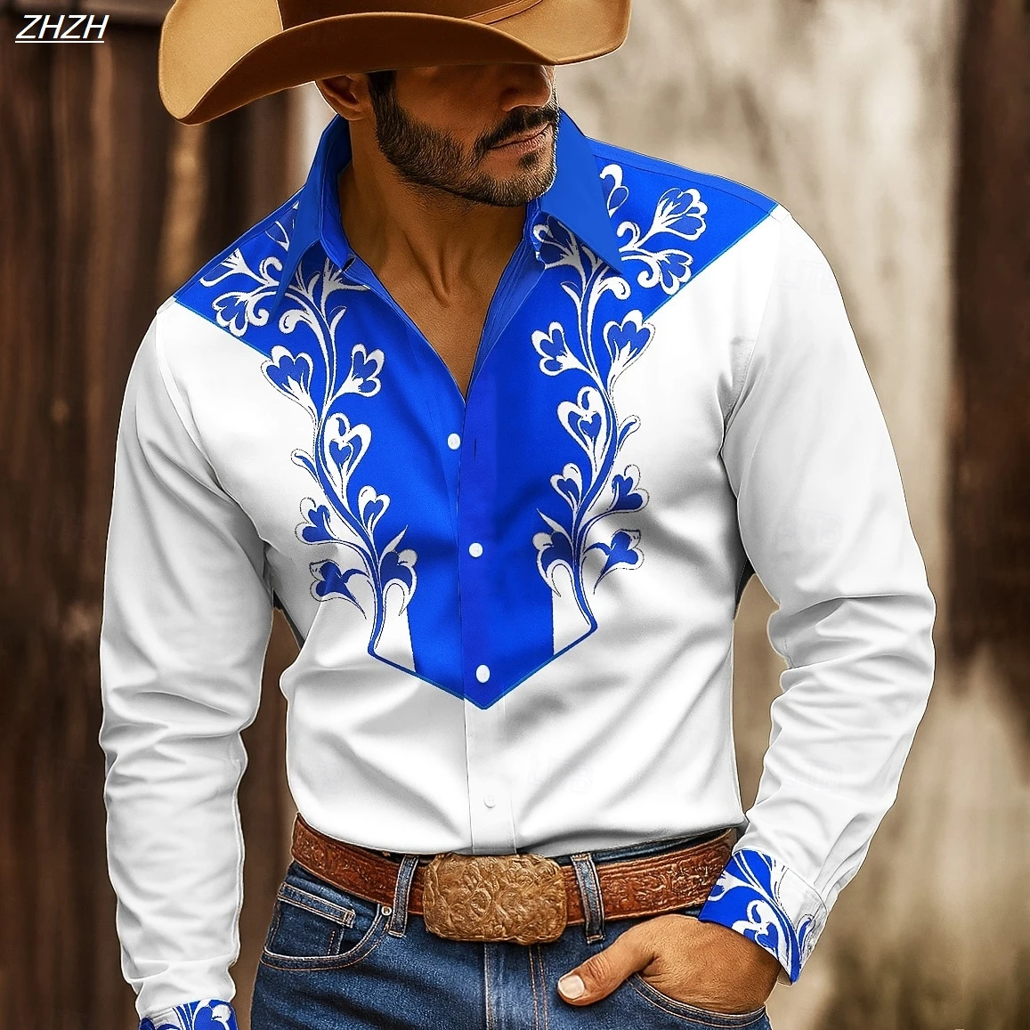 

Retro Men's Floral Western Long Sleeve Shirt, 3D Ethnic Print Design, Vintage Button Up Collared, Spring Fall Casual Workwear