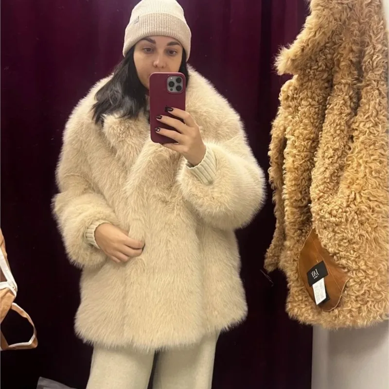 2025 가을 겨울 따뜻한 모피 코트 여성용 슈트 칼라 긴 소매 인조 모피 코트 중간 길이 두꺼운 따뜻한 여우 모피 코트
