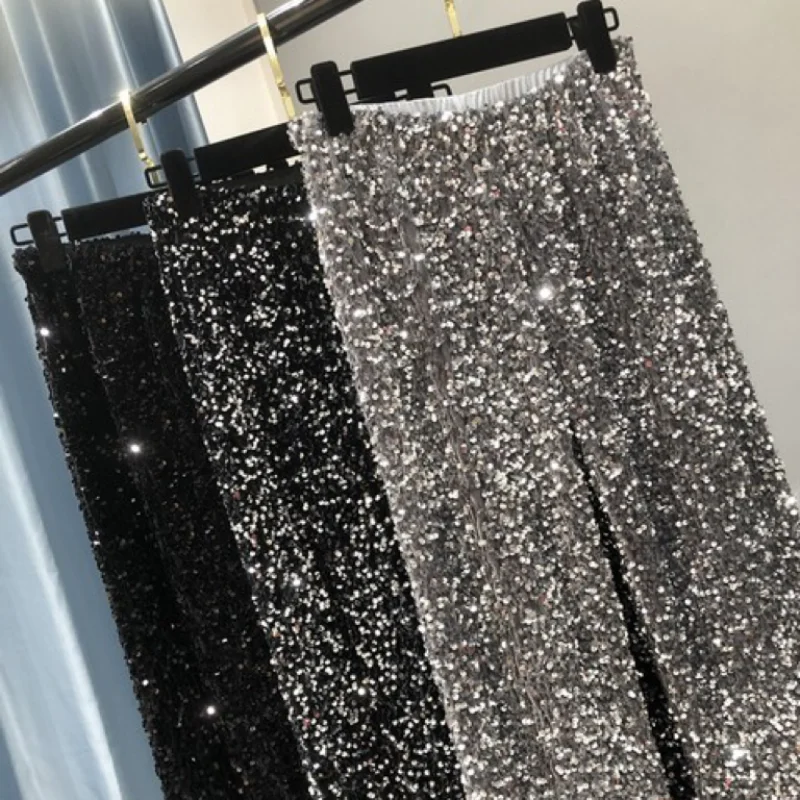 Women's Wide Leg Pants, Sparkling Velvet Sequin Large Size Mop Pants, Shiny Long Straight Leg Pants, Women Fashion