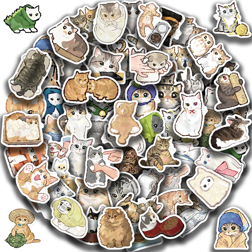

10/30/77pcs Hand Drawn Watercolor Cat Cartoon Stickers Cute Anime Graffiti Decals Notebook Suitcase Phone Funny Creative Sticker