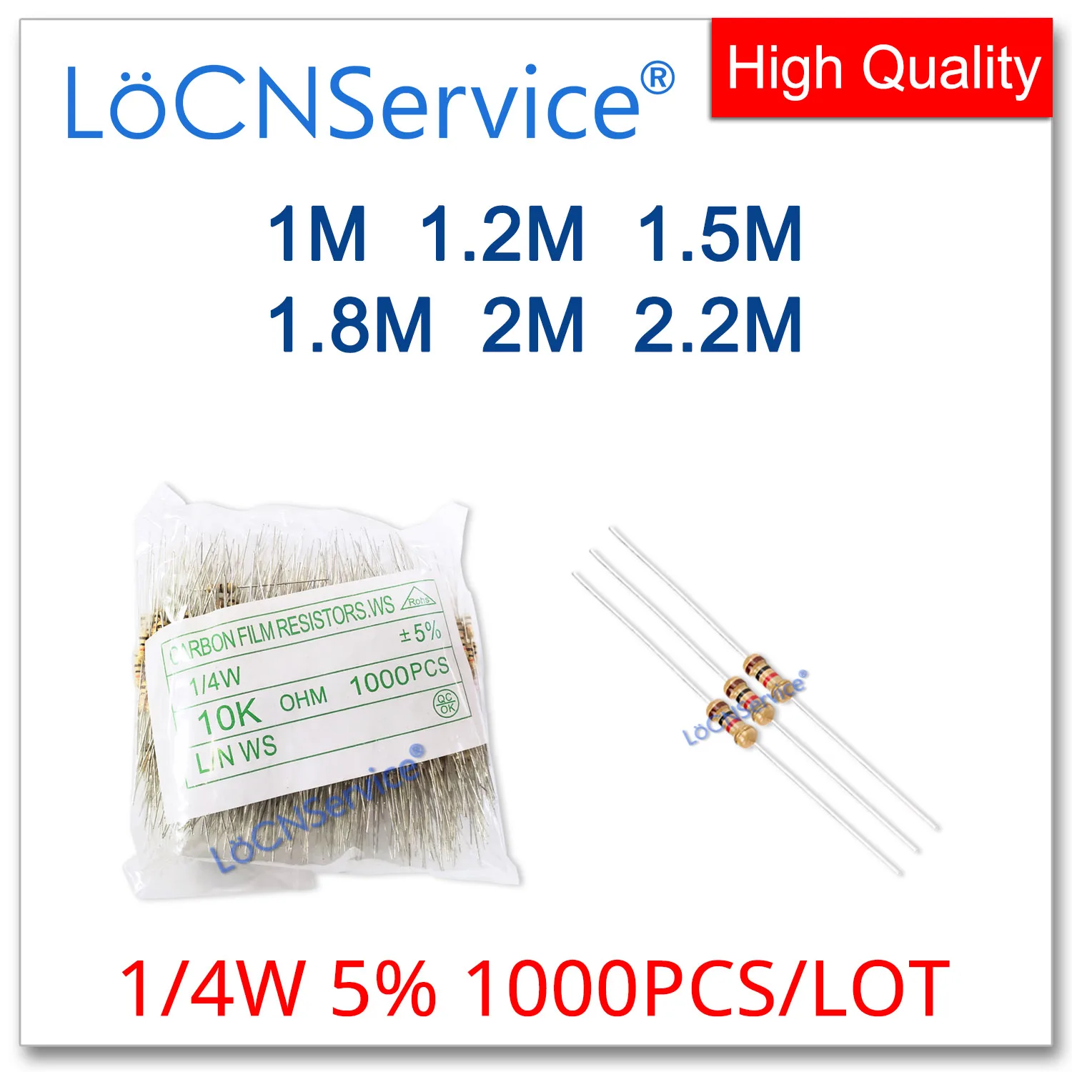 LoCNService 1000PCS/LOT 5% 1/4W 1M 1.1M 1.2M 1.5M 1.8M 2M 2.2M Carbon Film Resistor DIP OHM