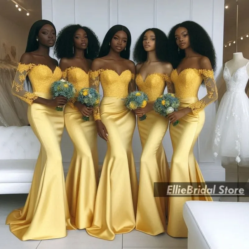 

Elegant Yellow Bridesmaids Dresses Long Sleeves Lace Applique Maid Of Honor Gowns robe de mariage femme d'honneur Customized