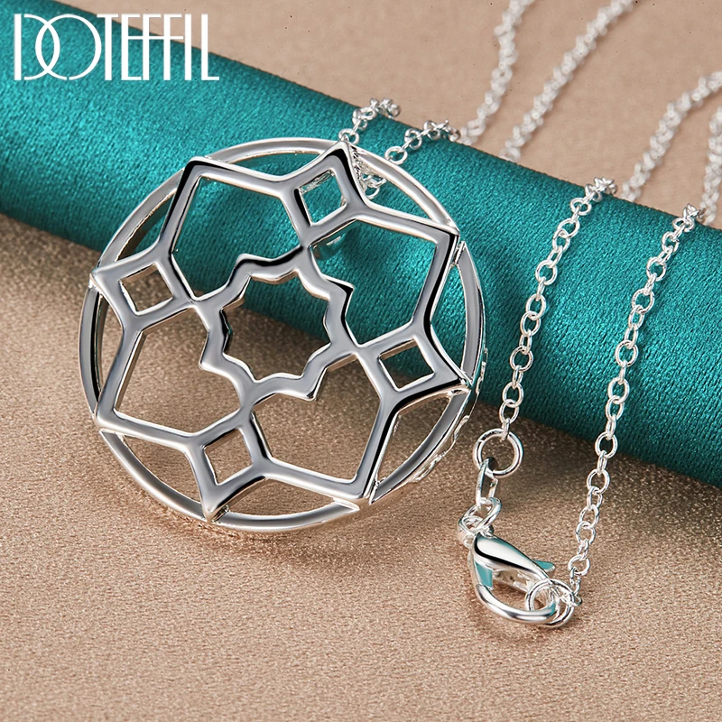 DOTEFFIL 2pcs 925 Sterling Silver Round Flower Pendant Necklace Earring Set For Woman Man Wedding Engagement Jewelry