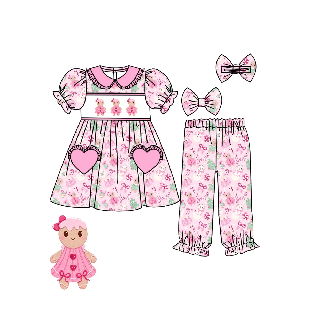 New Toddler Girls Pink Gingerbread Man Candy Outfits Kids Christmas Pajamas Dress Romper Robe Sleep Set view 2