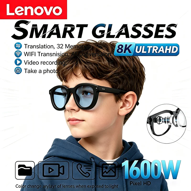 Lenovo 2026 New Kids Smart AI Motorcycle Glasses HD Photo Video 1600W Camera Voice Call Translation Waterproof Bluetooth