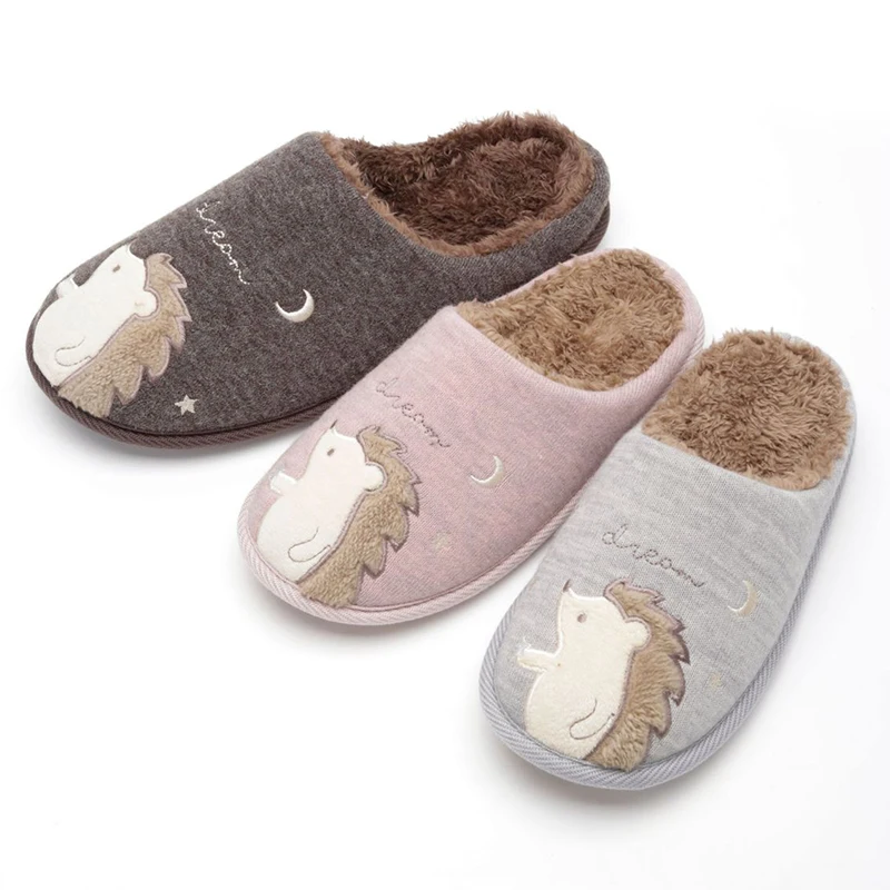 Winter Cartoon Embroidery Cute Hedgehog Women Fur Slippers  Family  Cotton Shoes Bedroom Mute Soft Soles Warm Men Fluffy Slides