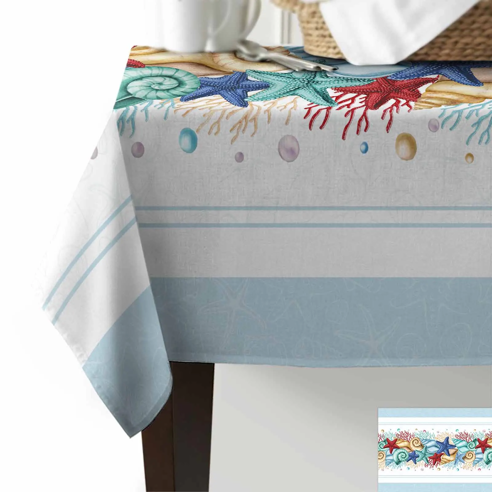 Summer Ocean Watercolor Starfish Shell Coral Blue Anti-scalding Waterproof Tablecloth Rectangular Round Table Cover Furnishings