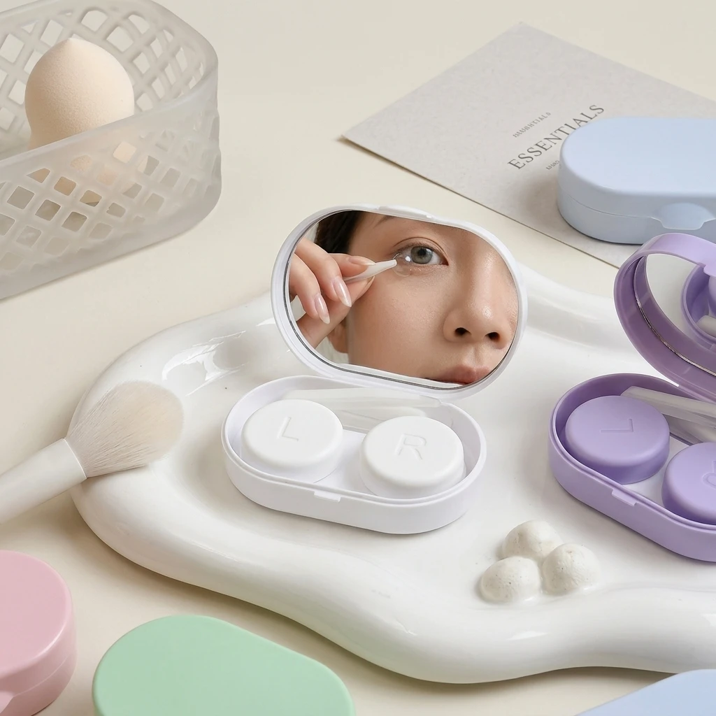 Portable Creamy Color Contact Lens Case With Mirror Leakproof Mini Eye Care Kit Container Travel Storage Box For Women