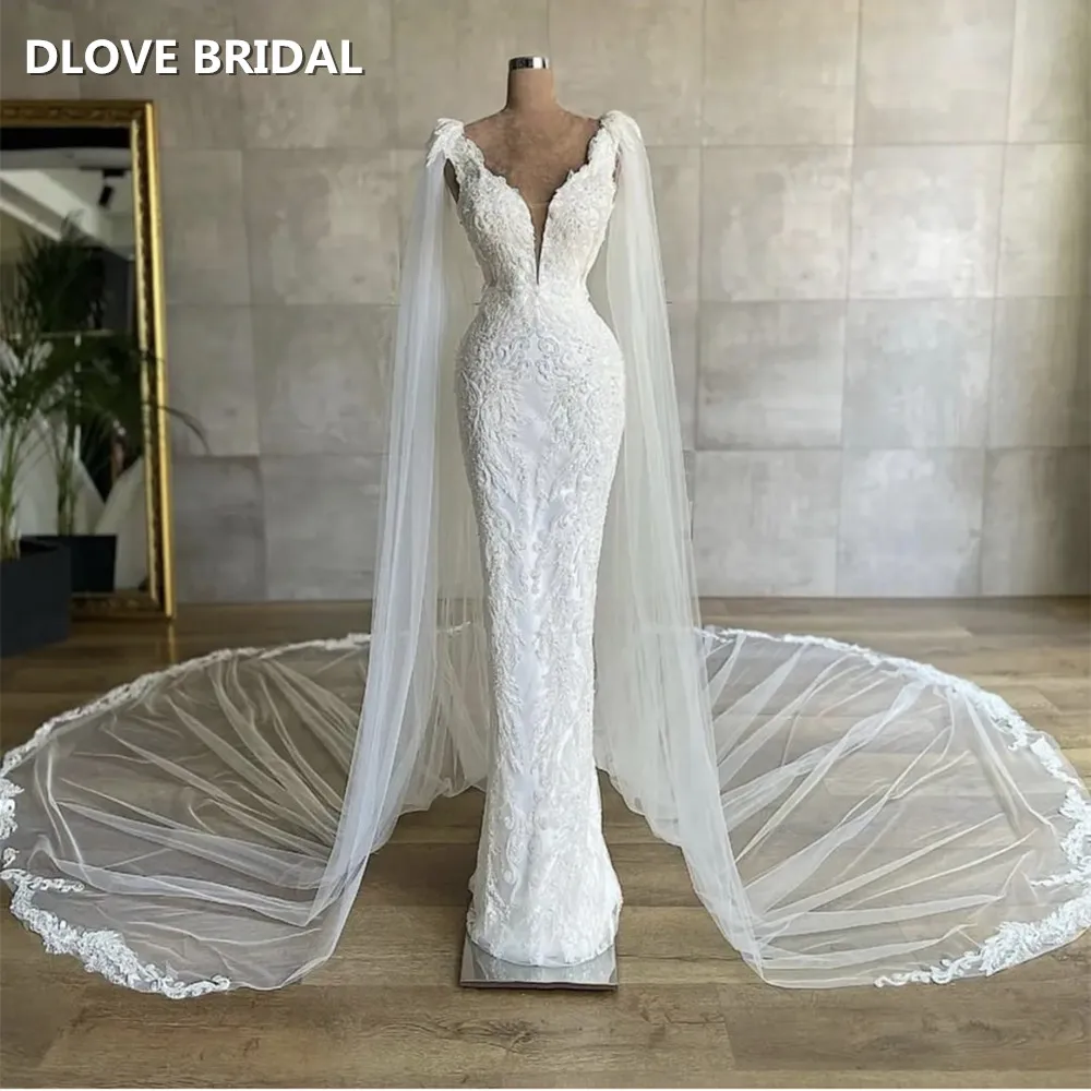 Robe De mariée De luxe en dentelle perlée, avec Cape longue, sur mesure, nouveau Design