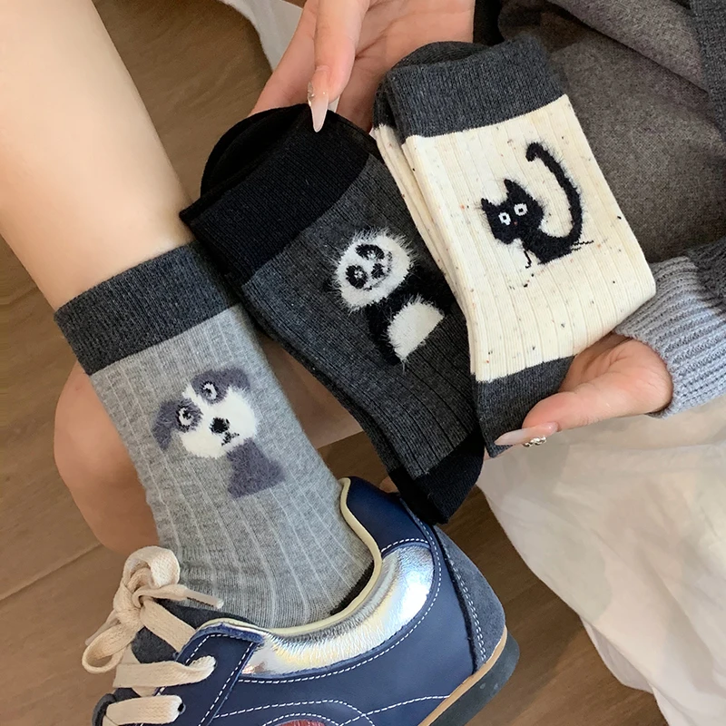 Cute Animal Socks Cartoon Puppy Cat Trendy Autumn/Winter Cotton Yarns Flocking Plush Stockings Fashion Warm Casual Women's Socks