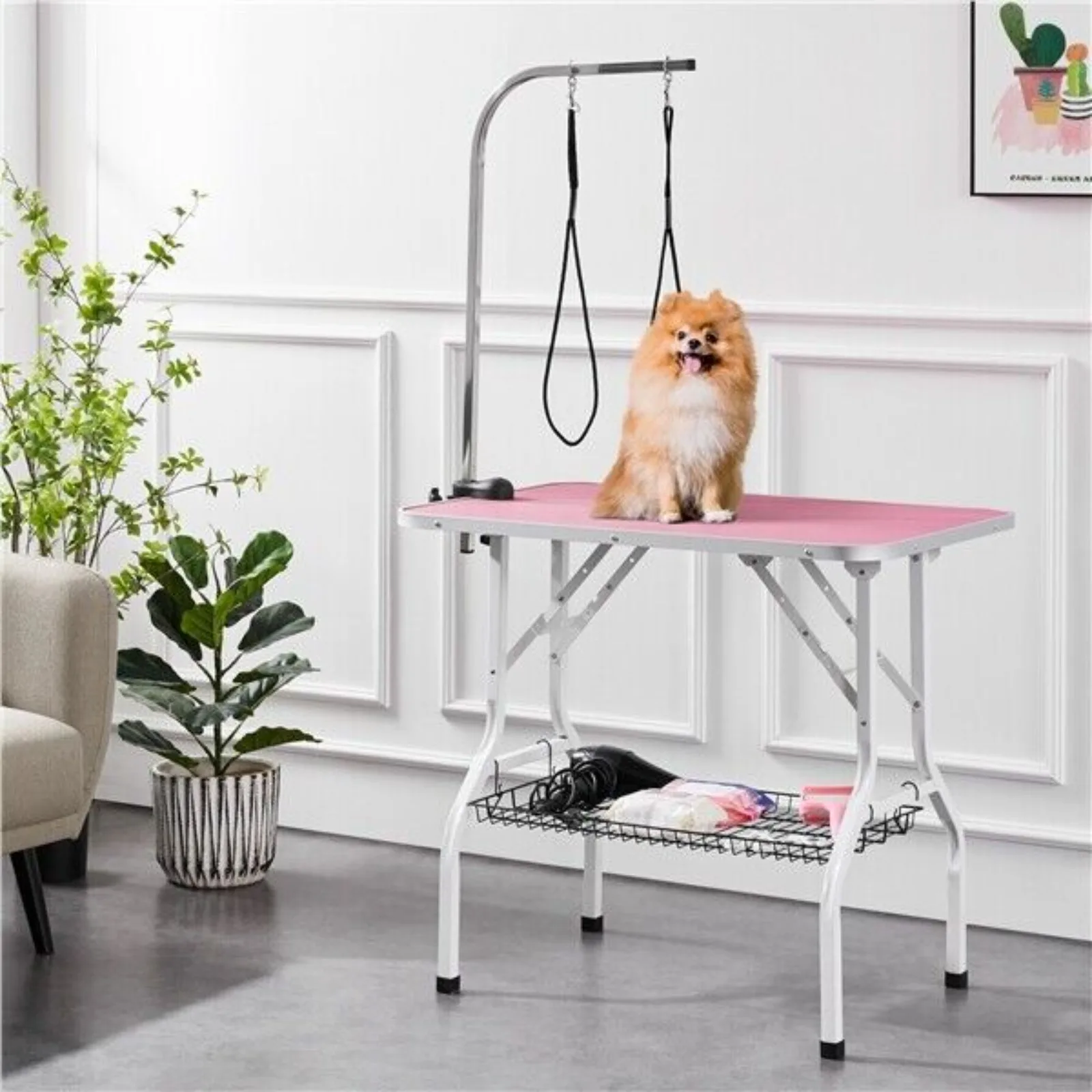 

36" Foldable Dog Grooming Table for Small/Medium Pets with Adjustable Arm, Pink United States