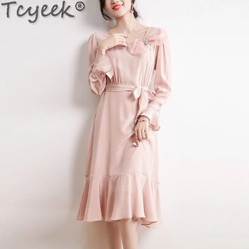 Tcyeek 16MM Real Silk Dress Women Long Sleeve Dress Belt Spring Summer Midi Dress 100% Mulberry Silk Womens Dresses New Style