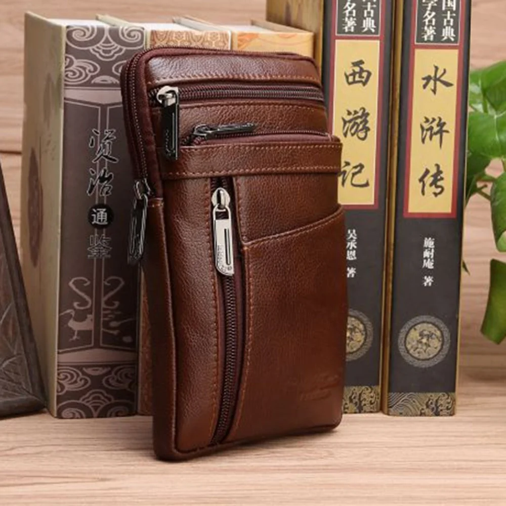 Men Genuine Leather Small Cross body Shoulder Bag Waist Fanny Pack Hip Bum Cell Mobile Phone Case Purse Hook Messenger Belt