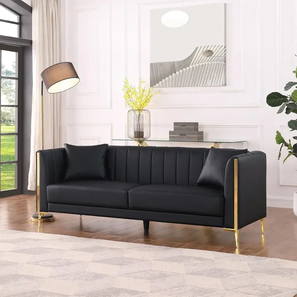 78'' Sofa, Black Sofas Couches for Living Room, Comfy Sofa Faux Leather Sofa 3 Seater Sofa with 2 Throw Pillows and Gold Metal