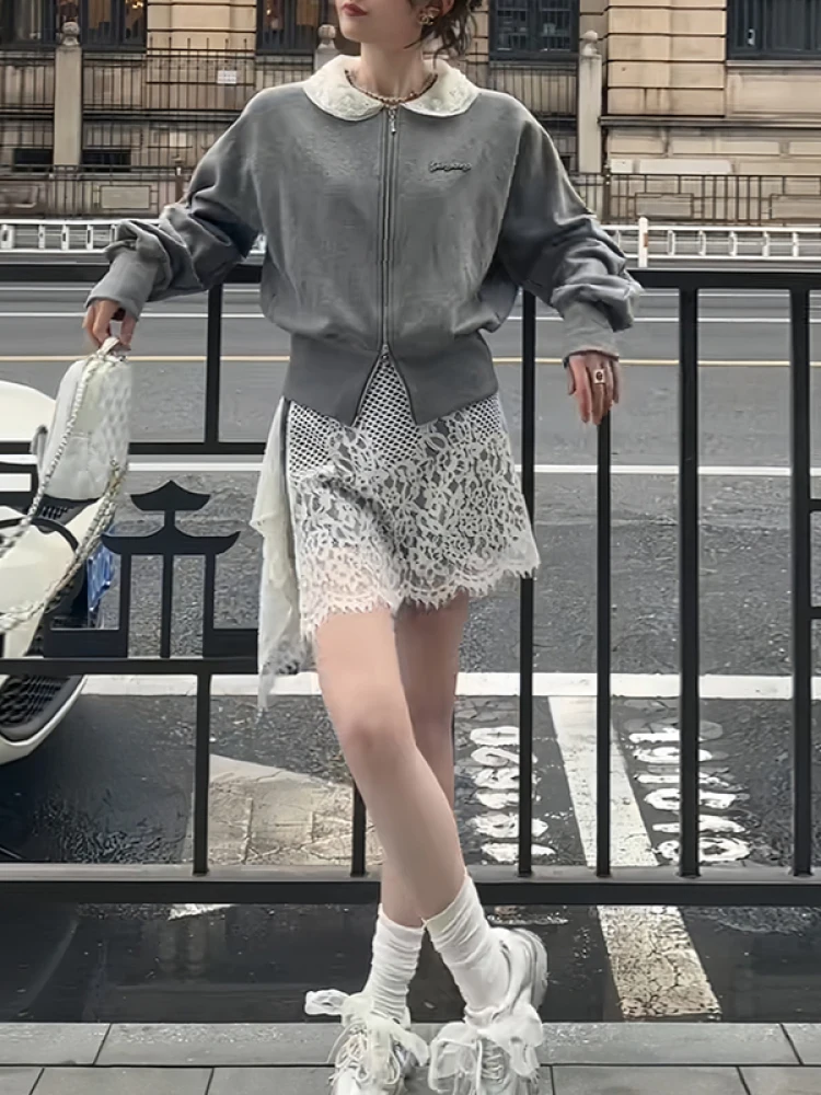 

Elegant Lace Splice Zipper Jacket And Skirt Set for Women Beautiful Unique Design Spring Fashion High Waist Casual Style
