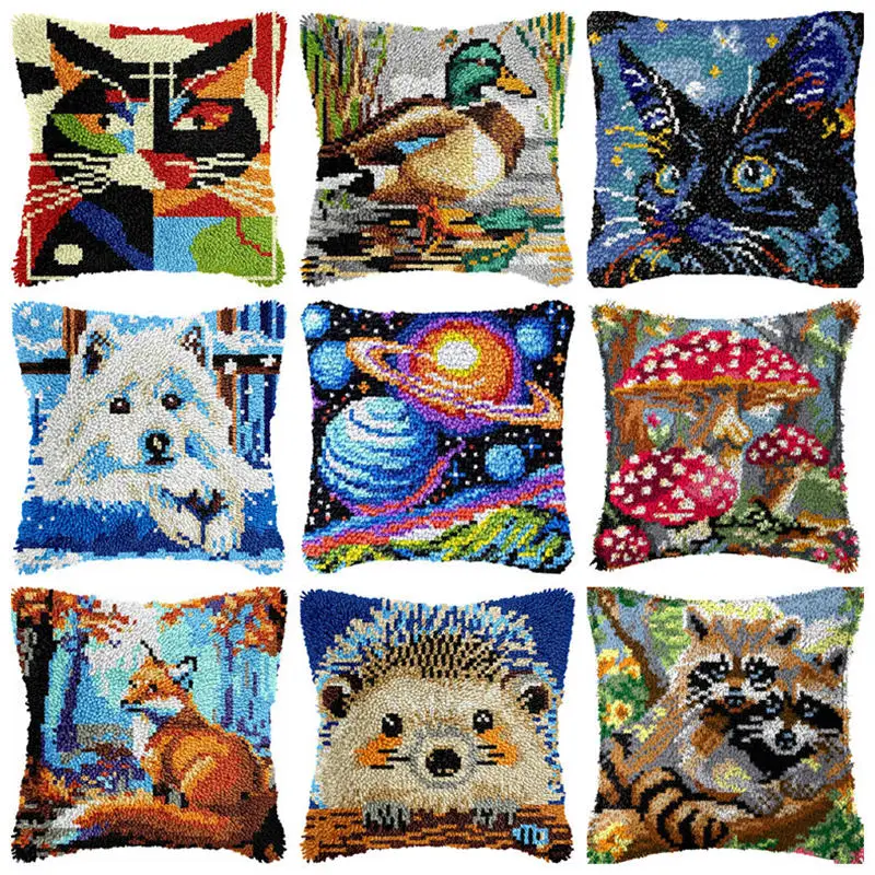 

Latch Hook Cushion Kit Pillow Mat DIY Craft Fox Cat Duck Animal Cross Stitch Needlework Set Crocheting Cushion Embroidery Pillow