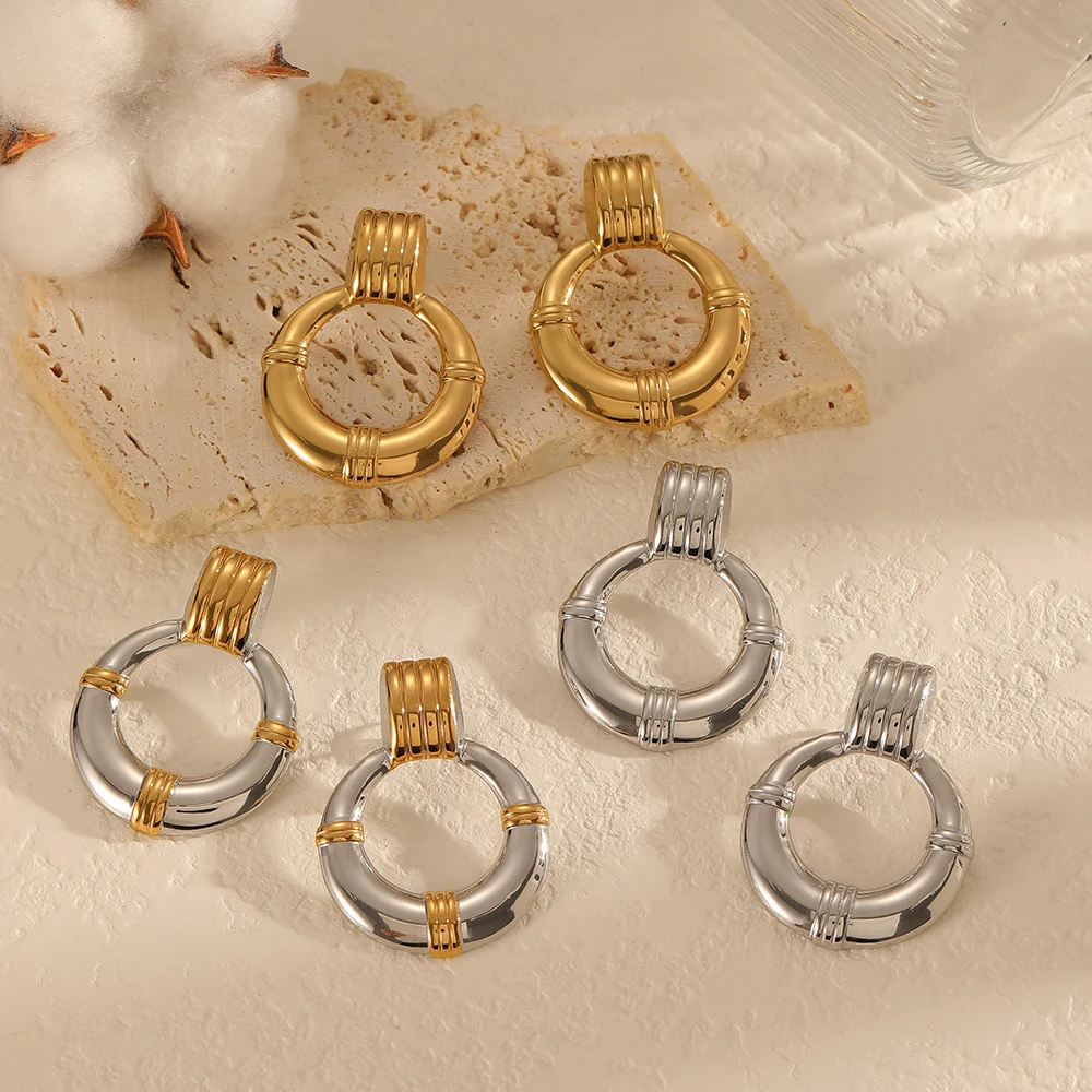 الفولاذ المقاوم للصدأ 18 كيلو مطلية بالذهب هندسية كبيرة الحجم مزدوجة هوب وأقراط المرأة موضة عقدة الأذن مجوهرات اكسسوارات