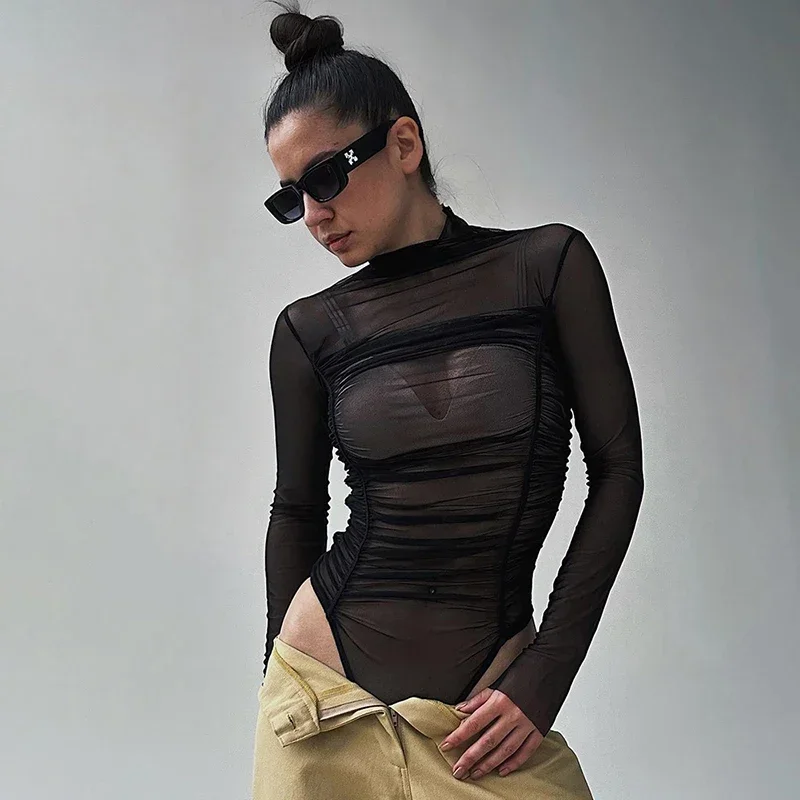 

BWQ Autumn Solid Color Transparent Women High Neck Long Sleeve Pleated Sexy Temptation Erotic Bodysuit