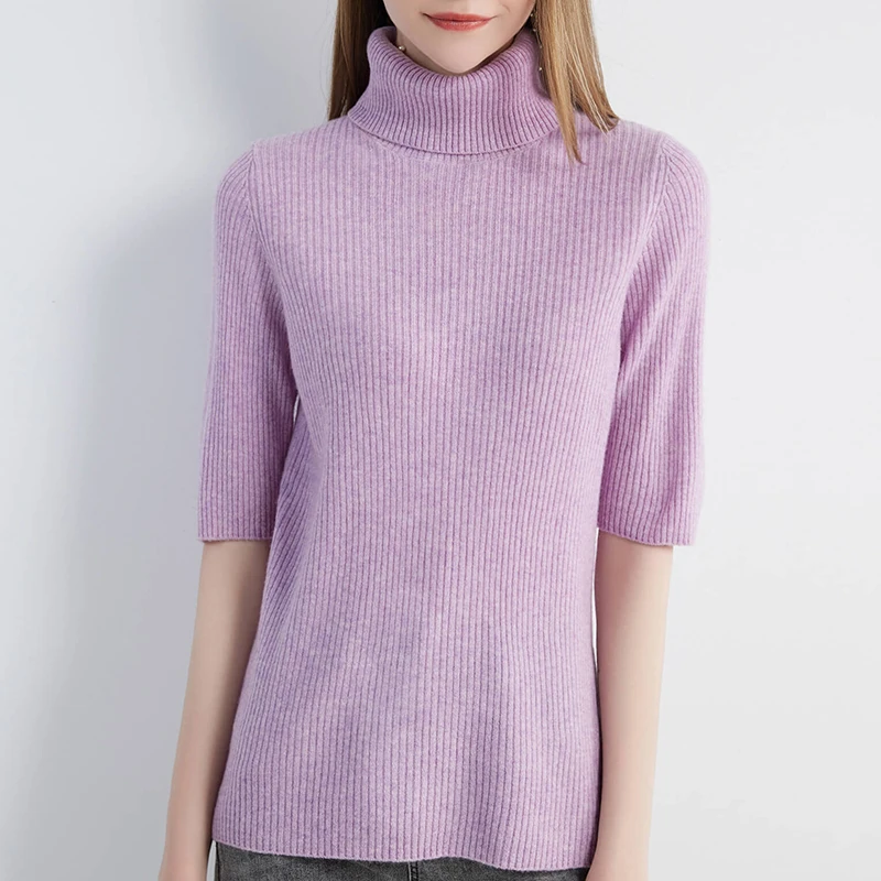 Sweater for Women Knitwears Turtleneck Tops 100% Wool Short Sleeve Pullover 2023 Spring Cashmere Knit Clothes Korean Fashion y2k