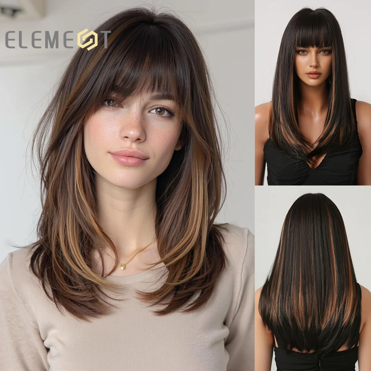 

Medium Length Layered Wig with Bangs Ombre Brown Blonde HIghlight Synthetic Hair Heat Resistant Natural Look for Women Daily