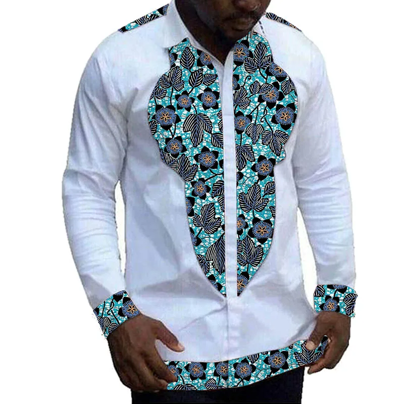 African Clothing Men\'s Shirt Print Wax On White Patchwork Design Lapel Tops Nigerian Fashion Male Groom Wear