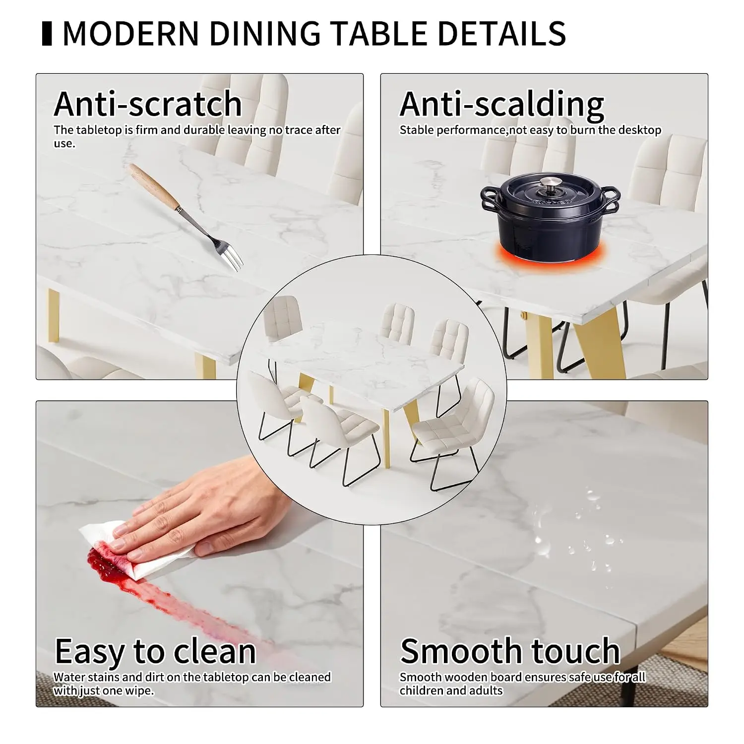 Modern 6-Piece Dining Table Set for 6, 63-Inch Faux Marble MDF Table with Gold Metal Legs and PU Leather Chairs,, Customized
