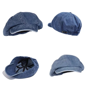 Büyük baş çevresi ressamın şapka Retro etiket tasarım yüksekliği esneklik elastik sekizgen şapka Trendy yönlü yıkanmış Denim şapka