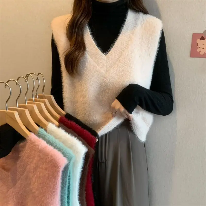 Sweet Sweater Vest Women Knitting Fashion Solid Preppy Style All-match Plush Tops  Vintage Sleeveless Lovely Comfortable