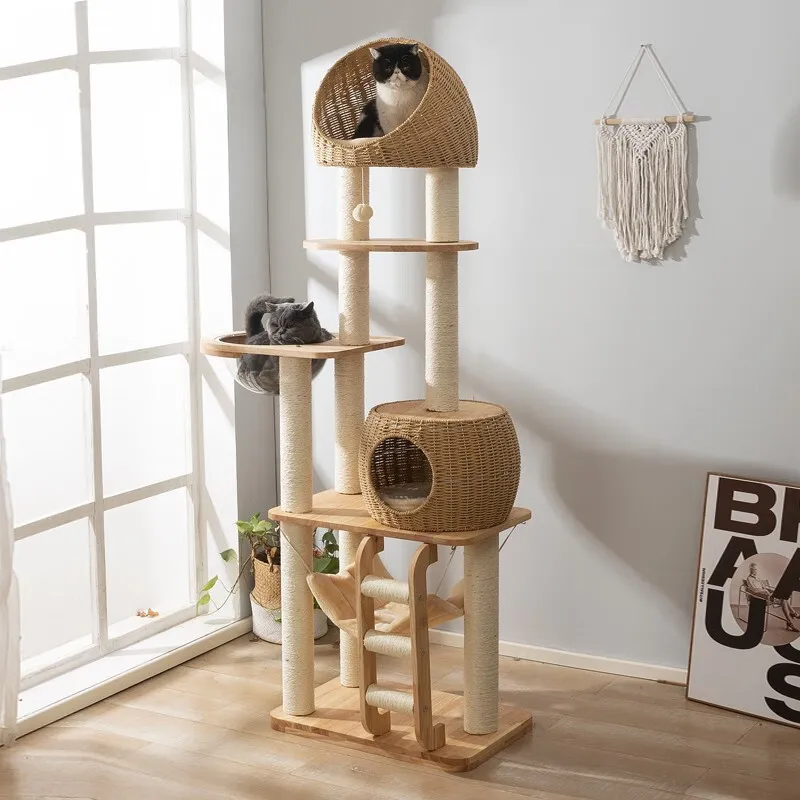 

Solid Wood Large Cat Climbing Frame Multi-Story Cat Tree House Sisal Rattan Cat Scratching Post Wear-resistant Scratching Board